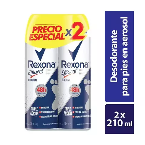 spray talco Rexona Efficient Original, doble presentación de 210 ml cada uno, antitranspirante y antibacterial para pies, fórmula de larga duración combate el mal olor, empaque genérico en aerosol.