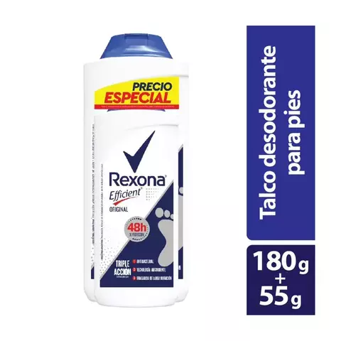 pack de Talco Rexona Efficient 180 g + 55 g; talco desodorante antibacterial para pies, laboratorio Unilever Andina; envase práctico y fresco ideal para dos usos.