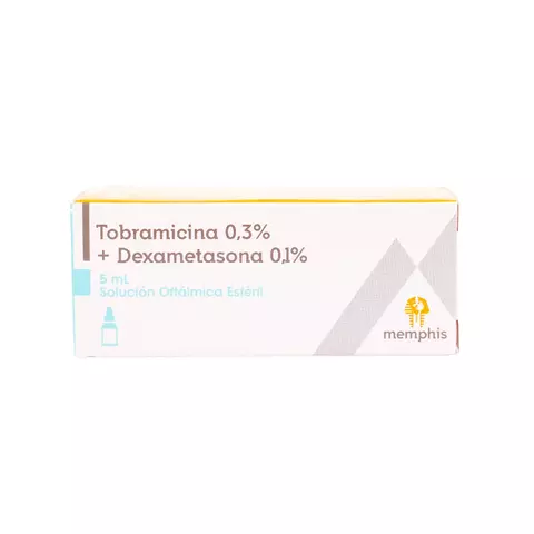 Frasco de 5 ml de solución oftálmica Tobramicina 0.3% y Dexametasona 0.1% marca MEMPHIS, antibiótico y antiinflamatorio combinados para tratamiento de infecciones e inflamaciones oculares postquirúrgicas.