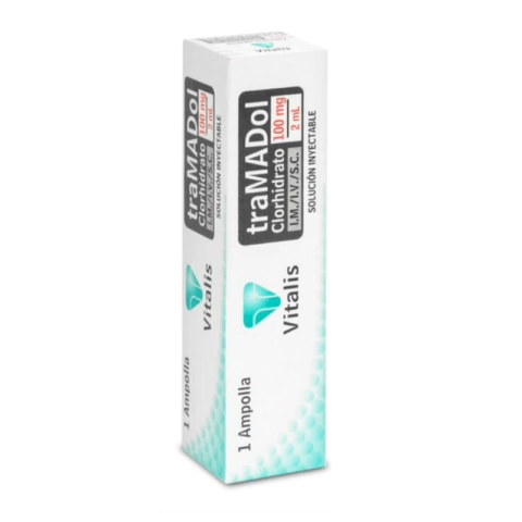 Caja de 10 ampollas de Tramadol clorhidrato 100 mg/2 ml de Vitalis, solución inyectable utilizada para el tratamiento del dolor agudo y moderado.