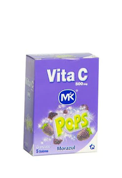 Fotografía de envase de Vita C MK Morazul Pops, tabletas masticables sabor cítrico, 25 mg de vitamina C por unidad, empaque de 5 unidades, ideal para reforzar sistema inmune.