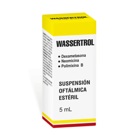 Wassertrol suspensión oftálmica en frasco de 5 ml del laboratorio Tecnoquímicas, contiene dexametasona, neomicina y polimixina B, indicado para tratar infecciones e inflamaciones oculares como conjuntivitis, blefaritis y uveítis.