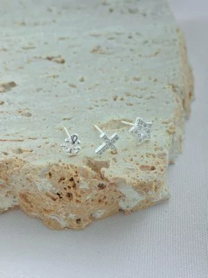 TRIO DE BRINCOS ESTRELA/ÂNCORA/CRUZ PRATA 925