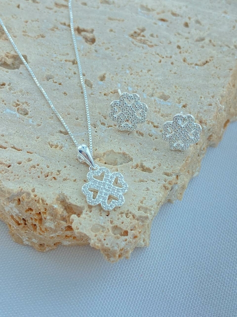 CONJUNTO TREVO PRATA 925