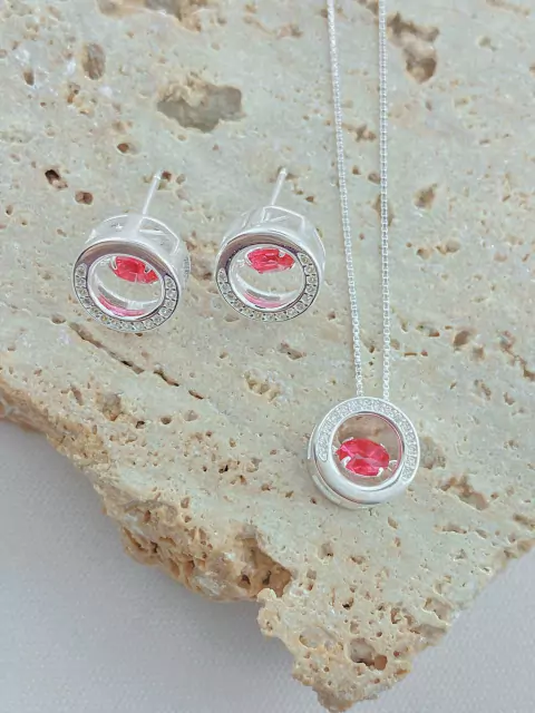 CONJUNTO BRINCO E COLAR PONTO DE LUZ PINK PRATA 925