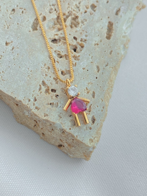COLAR FILHA MENINA COM PONTO DE LUZ CRISTAL E CORAÇÃO ROSA