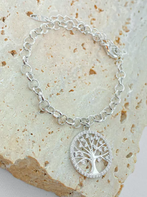 PULSEIRA ELO PORTUGUÊS COM PINGENTE ÁRVORE DA VIDA BORDA CRAVEJADA RODIO BRANCO