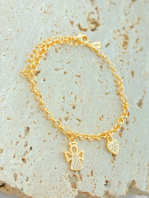 PULSEIRA PINGENTES CORAÇÃO+ ANJO FOLHADO A OURO