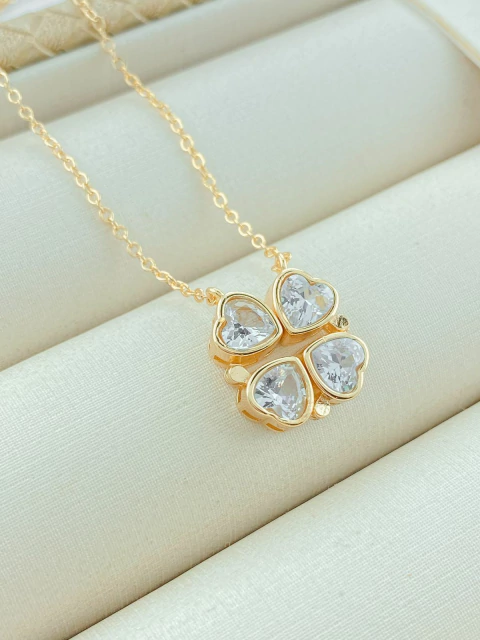 COLAR PINGENTE TREVO/CORAÇÃO CRISTAL FOLHADO A OURO
