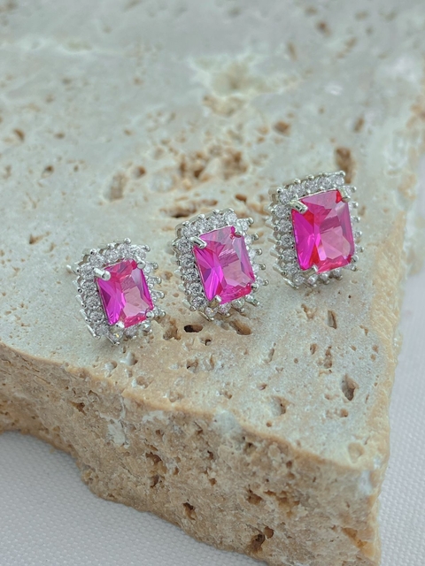 TRIO DE BRINCOS CRISTAL ROSA LATERAL CRAVEJADA RODIO BRANCO