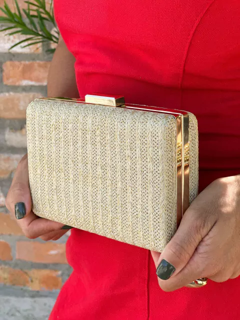 BOLSA CLUTCH DE TECIDO PALHA TRAMAS BEGE COM TRANÇAS