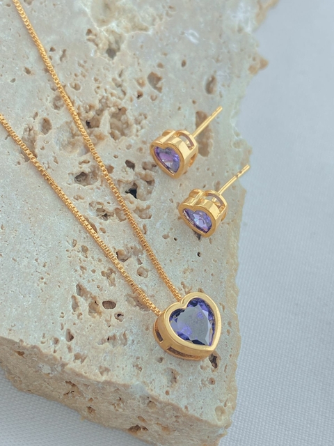 CONJUNTO CORRENTE VENEZIANA DOURADO COM PINGENTE PONTO DE LUZ CORAÇAO ROXO