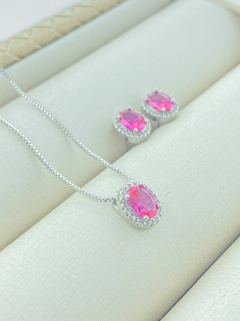 CONJUNTO PEDRA ROSA COM BORDA CRAVEJADA RODIO BRANCO