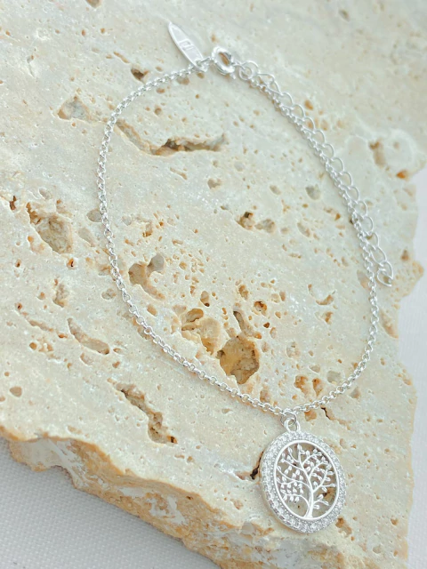 PULSEIRA PINGENTE ÁRVORE DA VIDA CRAVEJADA RODIO BRANCO