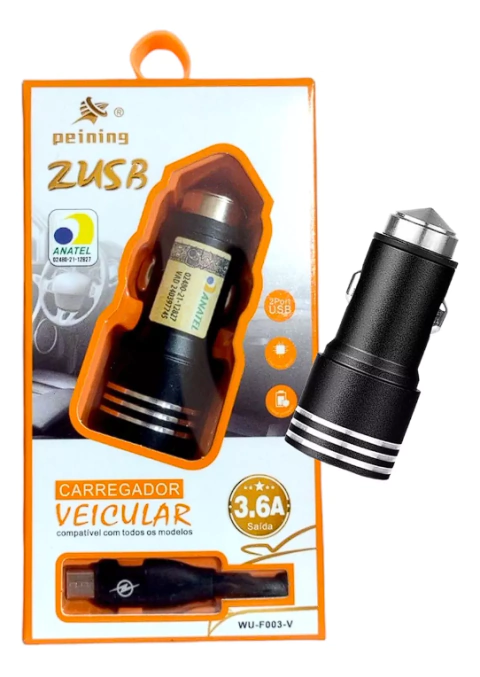 Kit Carregador Veicular V8 3.6A Com 2 Entradas Usb WU-F003-V