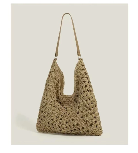Nova bolsa feminina de tecido oco, bolsa de palha para férias à beira-mar, bolsa de ombro versátil