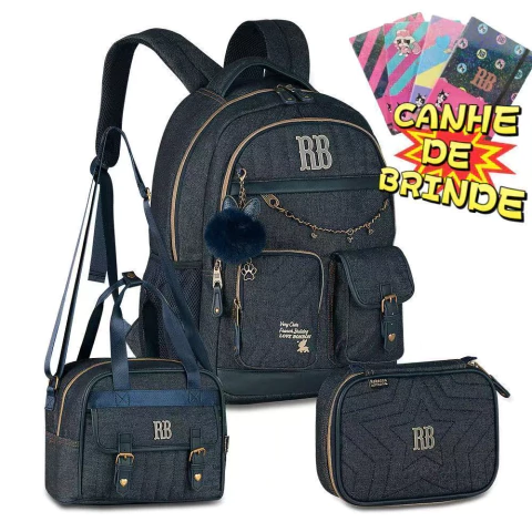Kit Denim Vintage: Mochila de Costas + Lancheira + Estojo