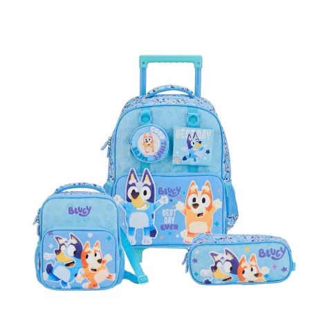 Mochila de Rodinhas Escolar 40cm Bluey Pelúcia Estampada+Lancheira + Estojo