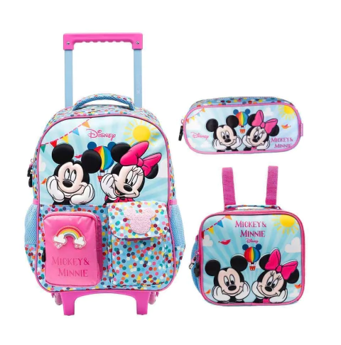 Mochila de Rodinhas Escolar 16 Minnie & Mickey Y+Lancheira+Estojo