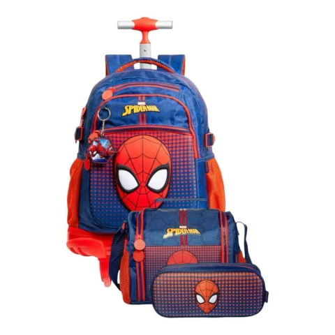 Mochila Escolar Infantil Rodinhas 360º + Lancheira + Estojo Duplo Homem Aranha