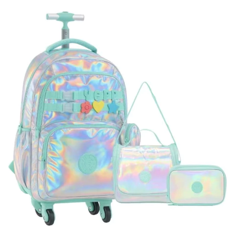 Kit Mochila De Rodinhas 360° Escolar Metalizada Femenina