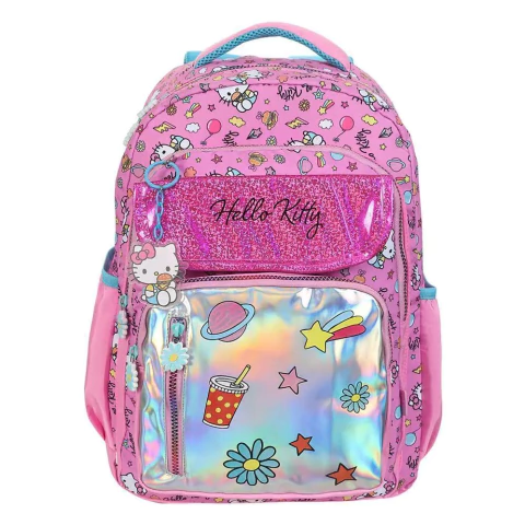 Mochila Escolar Tween 43cm Hello Kitty Metalizado com Patches