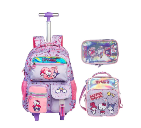 KIT Mochila de Rodinhas com Alças Haste T Tween 43cm Hello Kitty e Amigos - Kuromi e My Melody