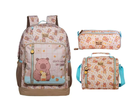 MOCHILA COSTAS COLLEGE CAPIVARA BROWNIE LANCHEIRA E ESTOJO- XERYUS