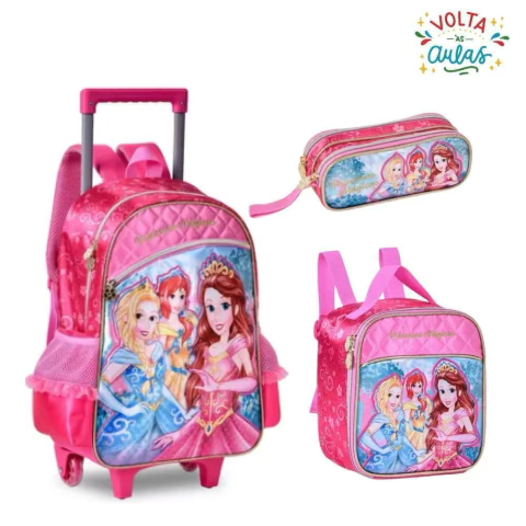 Kit Mochila de Rodinha Princesas com Lancheira e Estojo