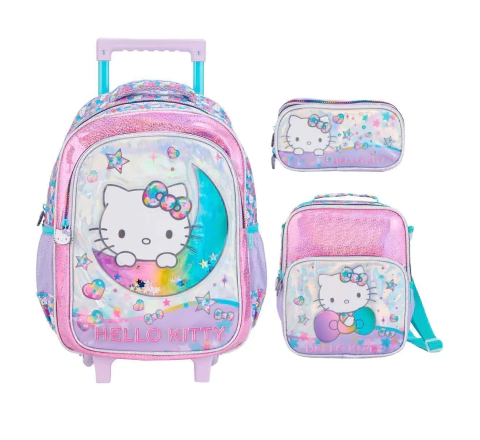 Mochila de Rodinhas Escolar 43cm Hello Kitty S com Estrelas+Lancheira+Estojo