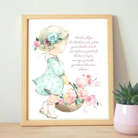 Quadro Oração Santo Anjo Menina flores
