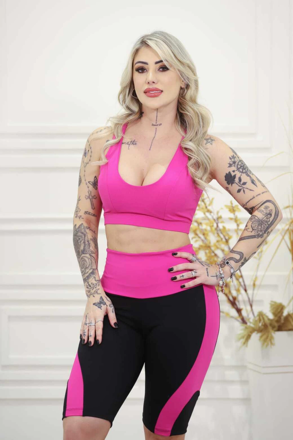 CONJUNTO BERMUDA POLIAMIDA ZERO TRANSPARÊNCIA PRETA/ROSA