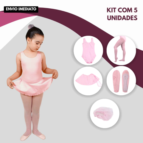 Kit Ballet Infantil 5 Itens – Collant Regata, Saia, Sapatilha, Meia-Calça e Rede para Coque