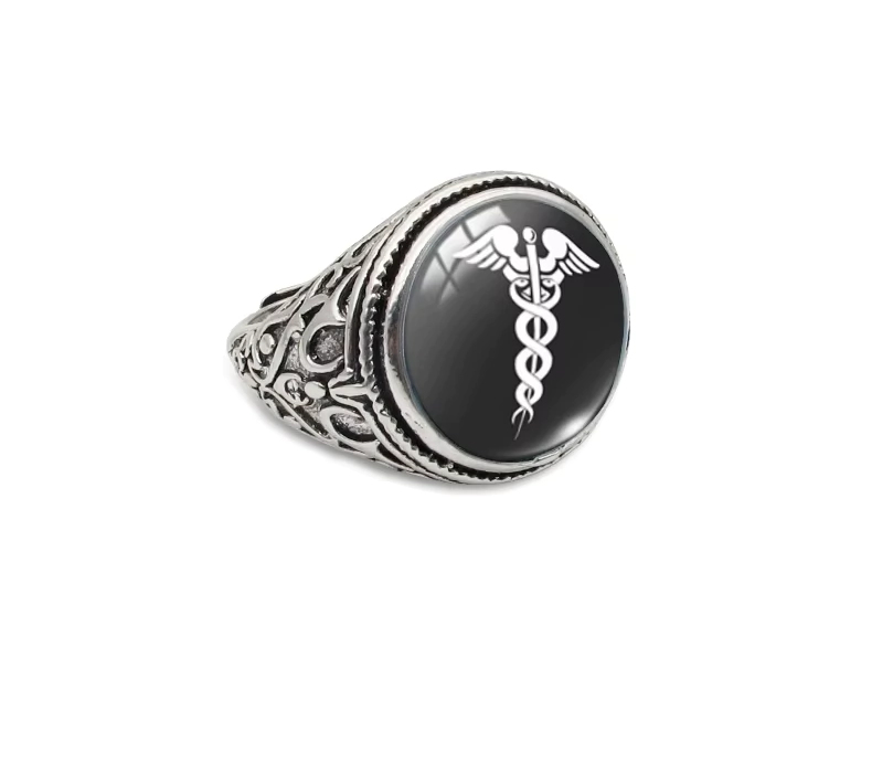 Anel Clássico Cúpula de Vidro Caduceu