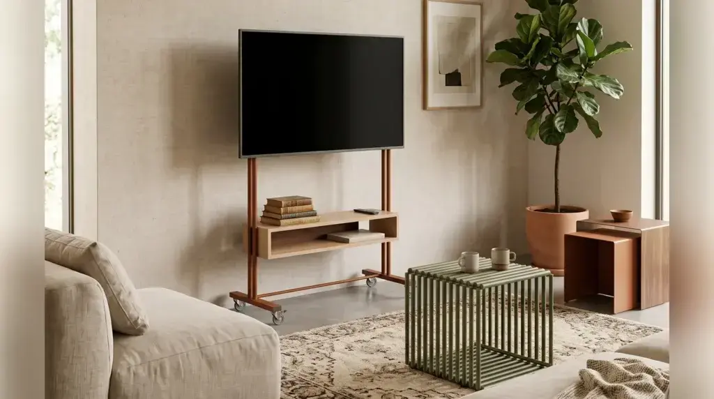 Rack de TV móvil M10 en un living, con la TV montada y la repisa de melamina