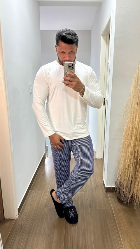 Pijama masculino longo suede - Listras azul marino e off white