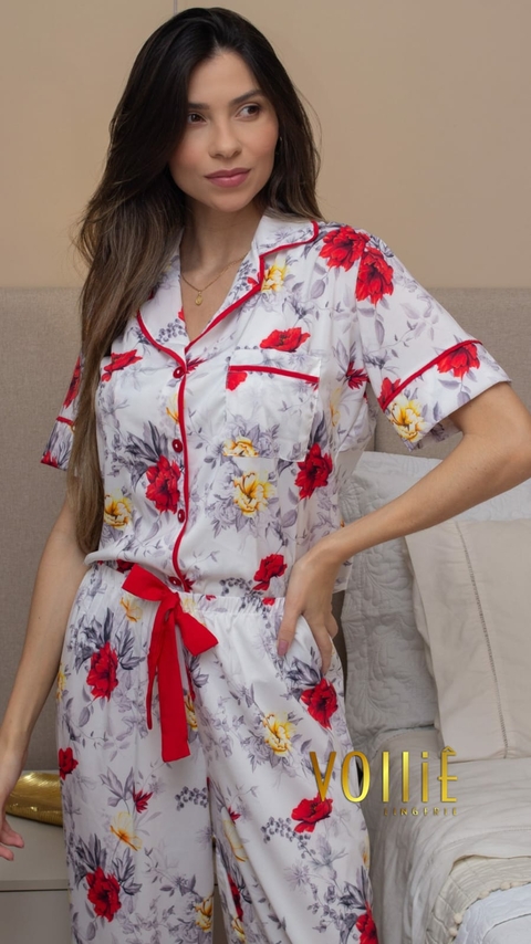 Pijama sedinha manga curta Coleção Mães - Rosas vermelhas