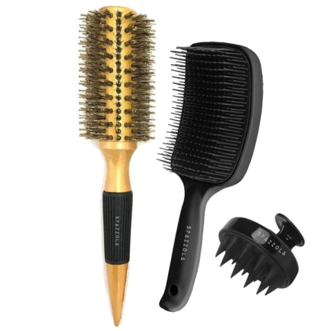 Kit Escova cerdas de Javali + Raquete + Massageador Dourado - comprar online