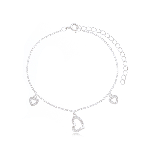 Pulseira Três Corações com Zircônia Prata 925