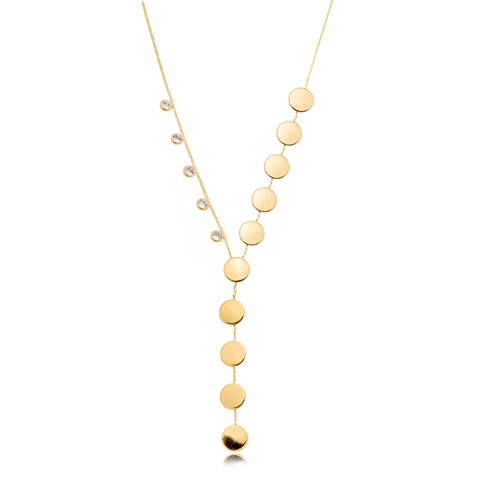 Colar Gravata Placa Redonda Com Micro Zircônias Folheado a Ouro 18k