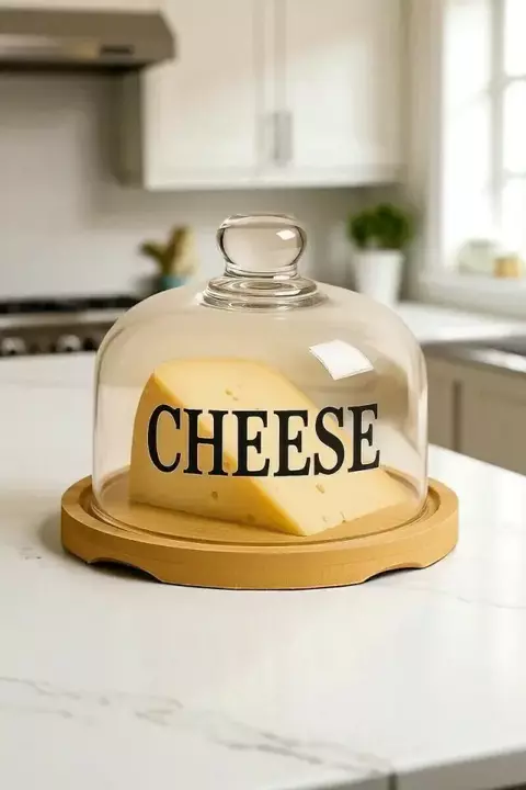 QUESERA CHEESE DE VIDRIO CON BANDEJA DE BAMBU REDONDA