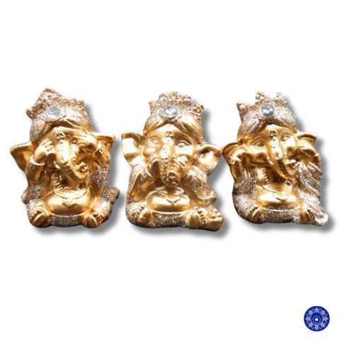 Enfeite de Resina Ganesha Dourado 3 unidades 4cm