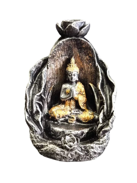 INCENSARIO CASCATA FOLHAS COM FLOR DE LOTUS PRATEADO