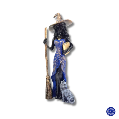 Enfeite de Resina Bruxa Com Gato Colorido 16cm