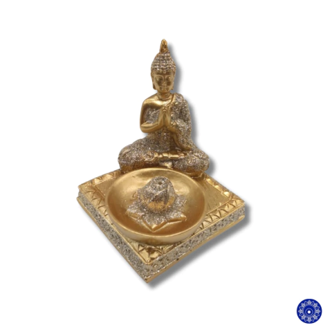 Incensário de Resina Buda Meditando Dourado Com Brilho