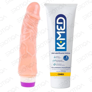 Kit Prótese Peniana com Vibrador Pênis Grande 19,5 x 4cm Dildo + Lubrificante íntimo kmed 100G