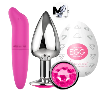 Kit Plug Anal M + Vibrador feminino Golfinho Ponto G + Egg Masturbador Masculino Ovo