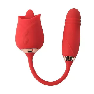 Vibrador Feminino Sexual Duplo com Estimulador Clitóris Tipo Flor Formato Rosa com Língua e Bullet Vibratório Penetração