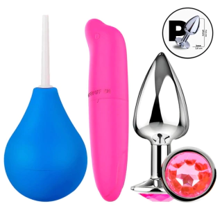 Kit Plug Anal Tamanho P Pequeno + Ducha Higiênica 220ml + Vibrador Feminino Sexual Ponto G Liso
