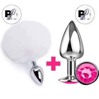 Kit 2 Plug's Anal Tamanho P - Plug Anal Pompom Rabo de Coelho e Plug Anal em Aço com Joia